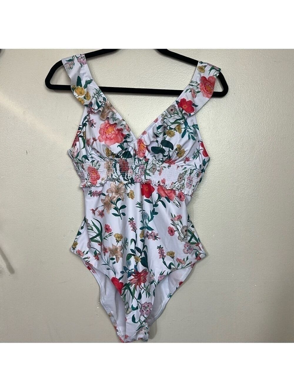 SHEKINI Tropical Floral Ruffle Deep V-Neck One Piece Shirred Swimsuit